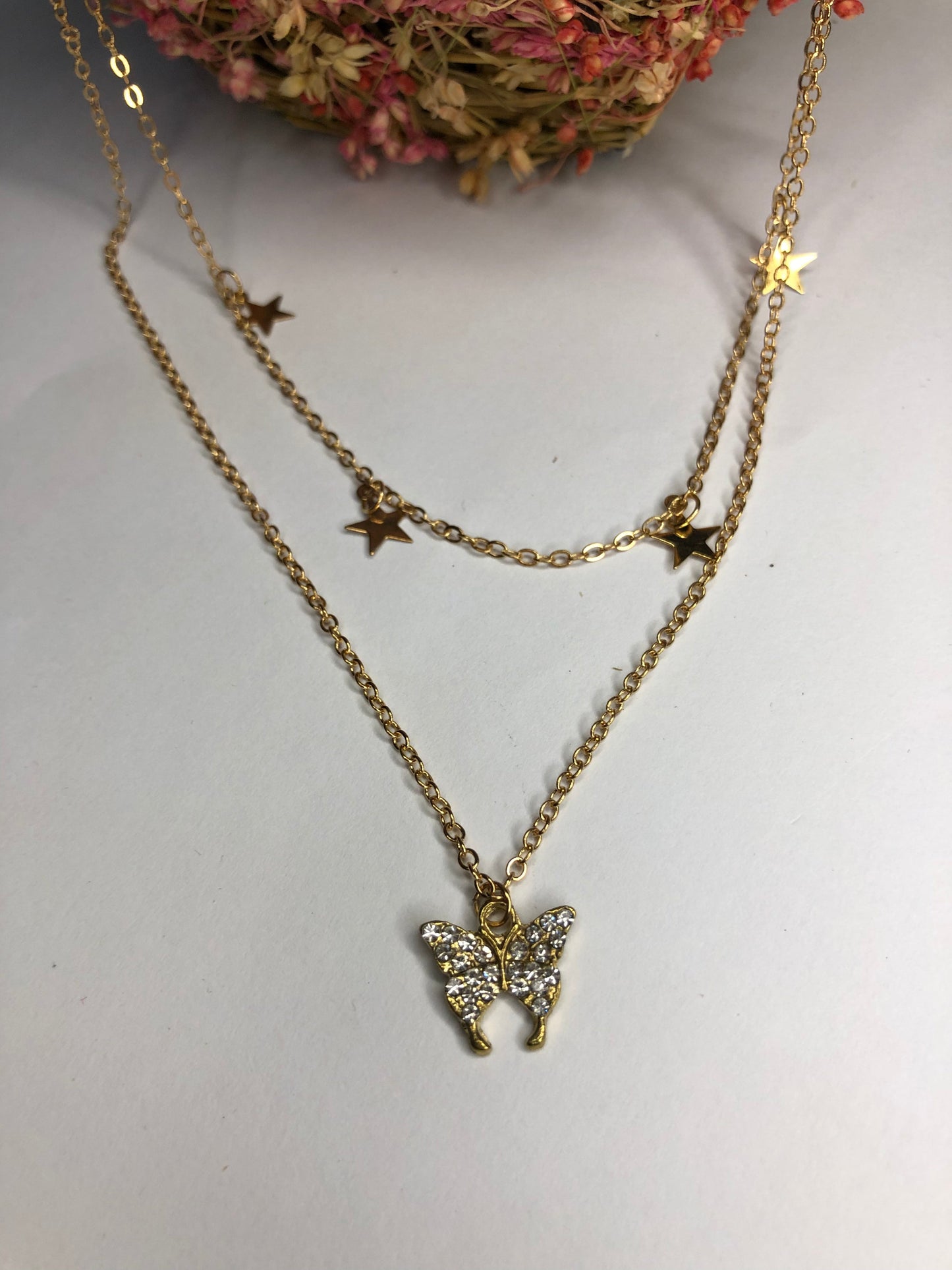 Double Layer Butterfly and Stars Necklace – Elegant and Playful Necklace