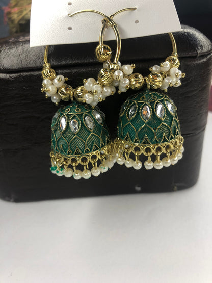 Green Bali Jhumka Earrings, Traditional Style – Beautiful Earrings for Design