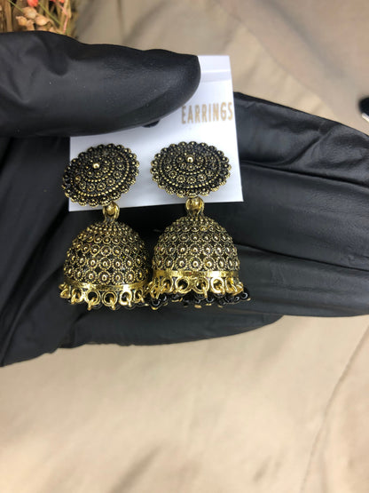 Indian Traditional Jhumka Earrings, Black and Golden – Elegant Earrings for Girls