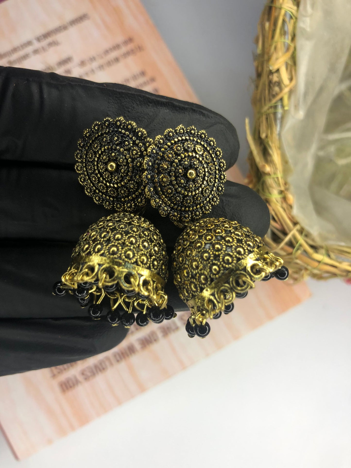 Indian Traditional Jhumka Earrings, Black and Golden – Elegant Earrings for Girls