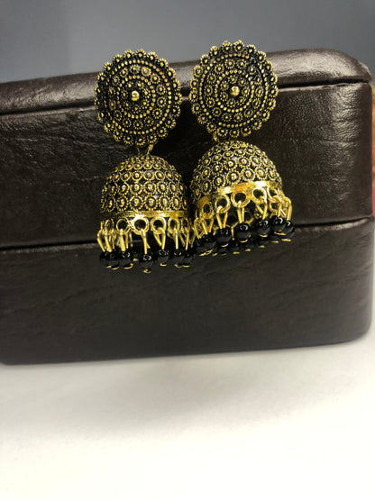 Indian Traditional Jhumka Earrings, Black and Golden – Elegant Earrings for Girls