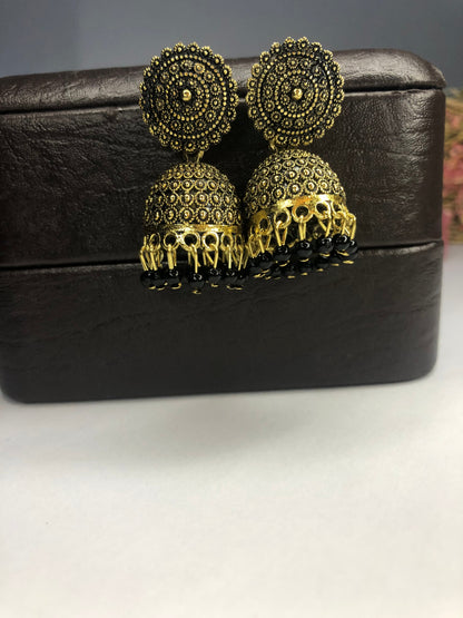 Indian Traditional Jhumka Earrings, Black and Golden – Elegant Earrings for Girls