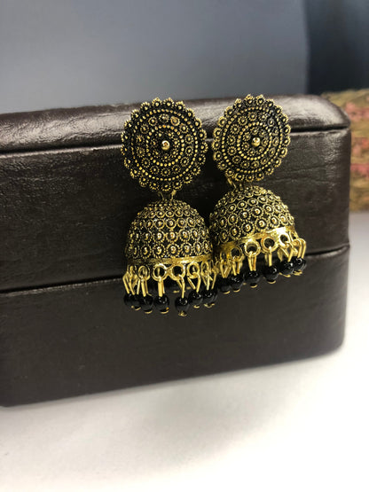 Indian Traditional Jhumka Earrings, Black and Golden – Elegant Earrings for Girls