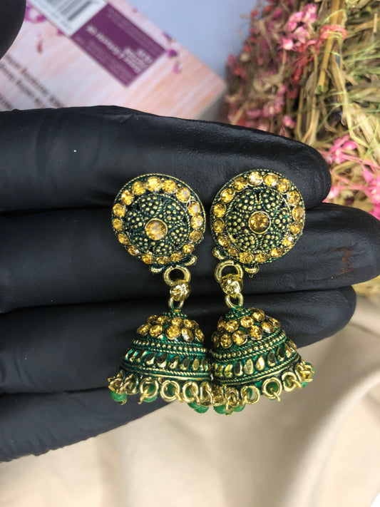 Traditional Green and Golden Jhumka Earrings – Elegant Earrings for Girls