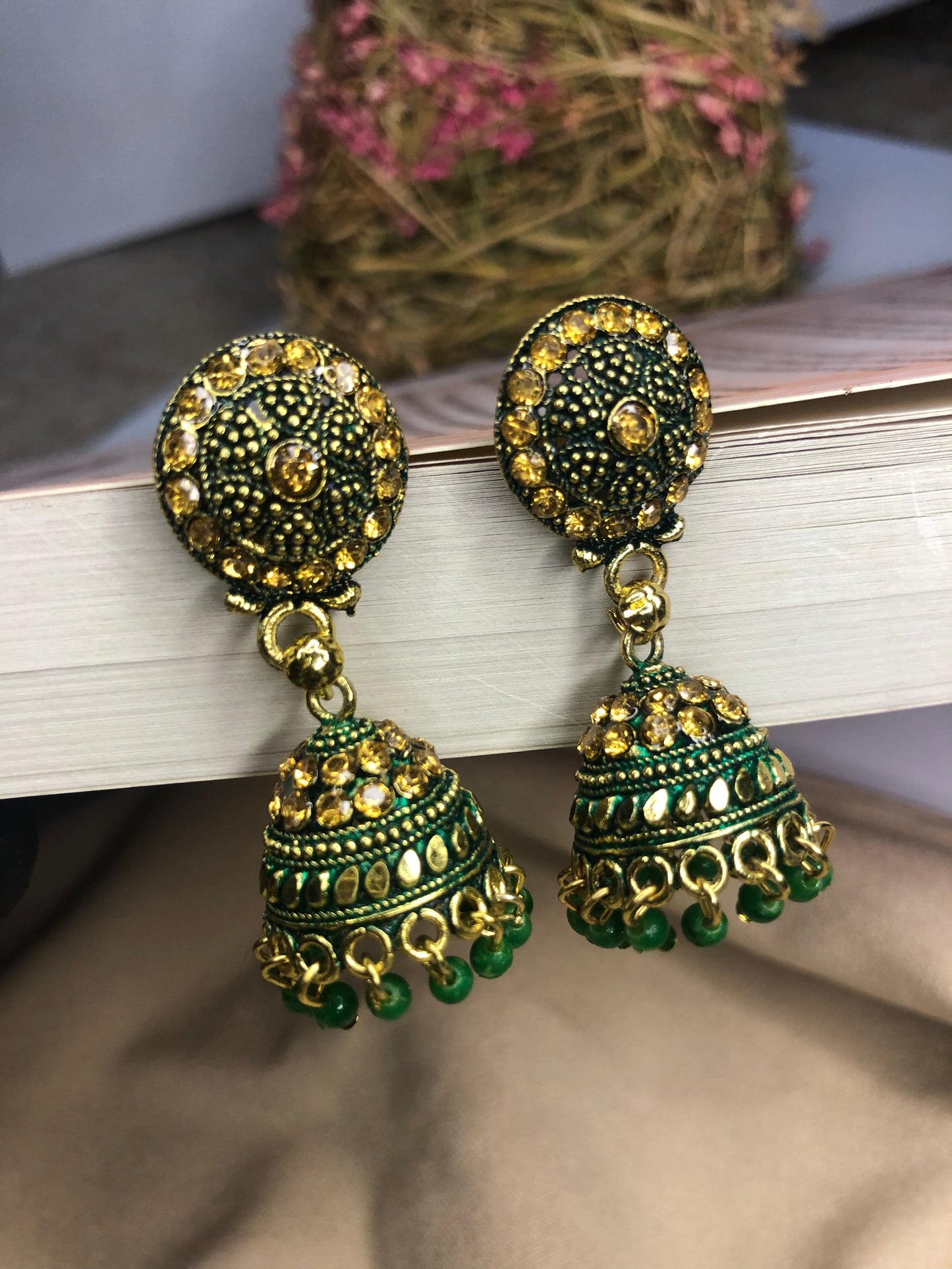 Traditional Green and Golden Jhumka Earrings – Elegant Earrings for Girls