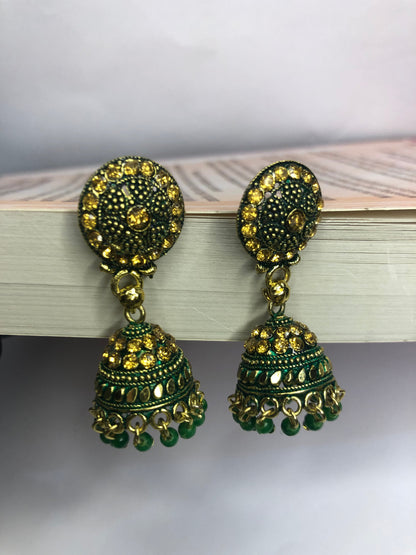 Traditional Green and Golden Jhumka Earrings – Elegant Earrings for Girls