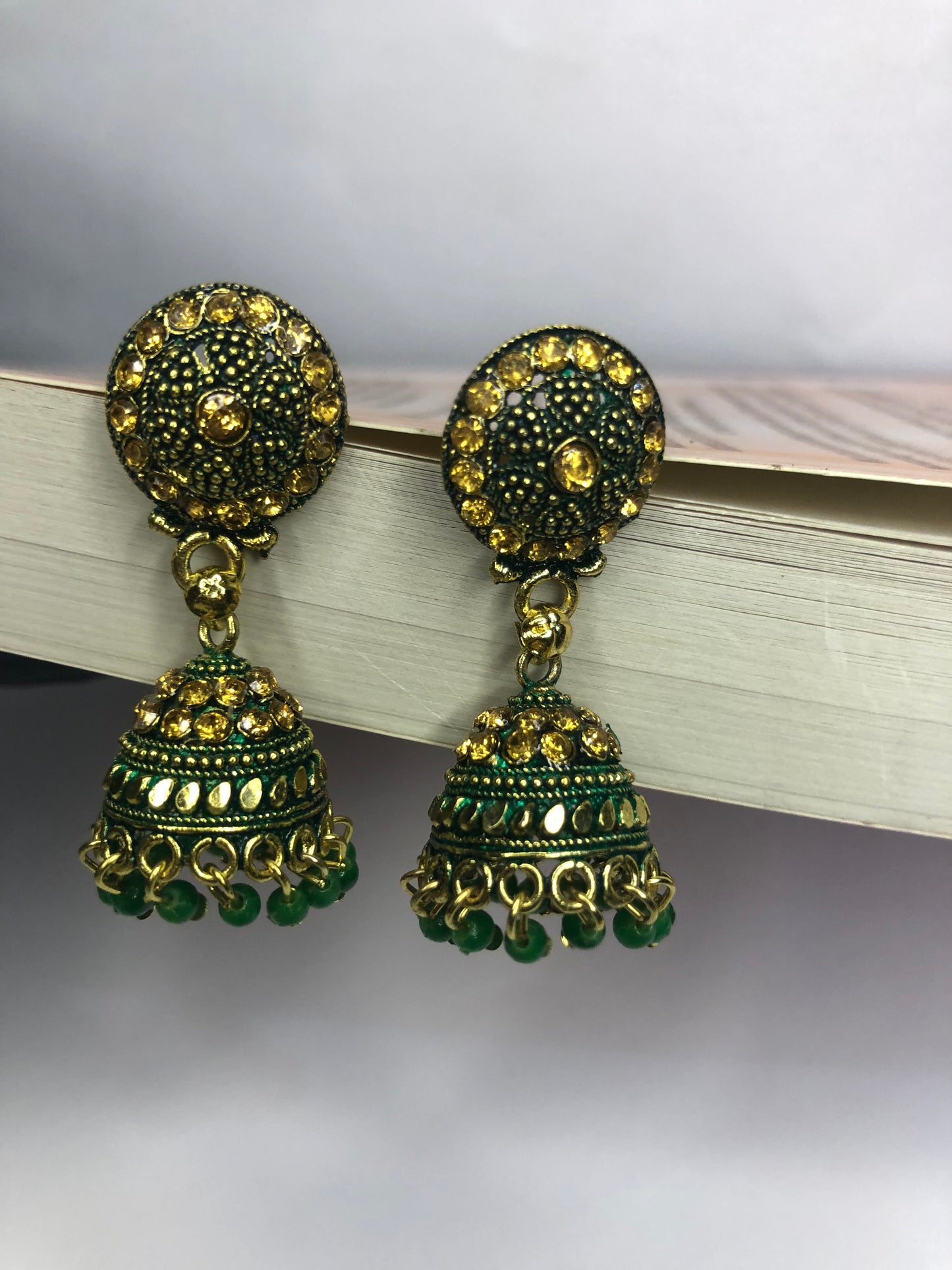 Traditional Green and Golden Jhumka Earrings – Elegant Earrings for Girls