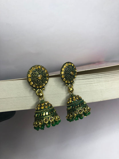 Traditional Green and Golden Jhumka Earrings – Elegant Earrings for Girls